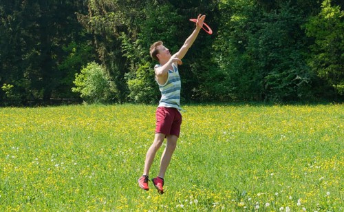 Young man catching frisbee in meadow