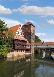 Weinstadel and water tower by the river Pegnitz