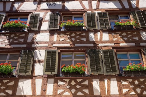 Timbered house by marketplace