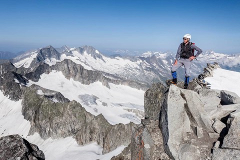 Mountaineer on Schwarzenstein summit ridge