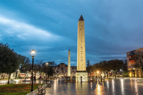 Egyptian obelisk and brick obelisk on Hippodrome of Constantinople or Sultan Ahmet Square European side