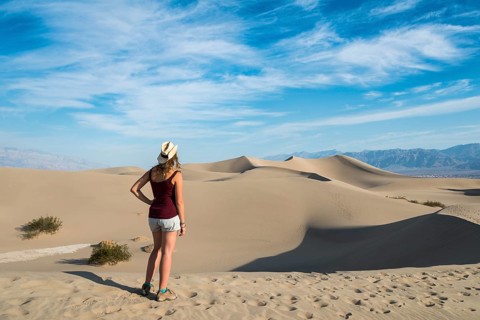 Female tourist overlooking the Mesquite Flat Sand Dunes