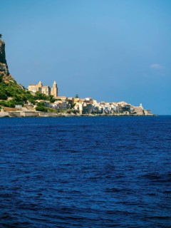 The town of Cefalu at the foot of the Rocca di Cefalu rock