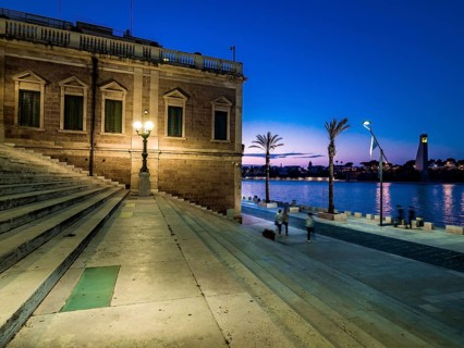 Wide staircase at the harbour at dusk