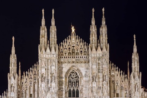 Gable of Milan Cathedral at night