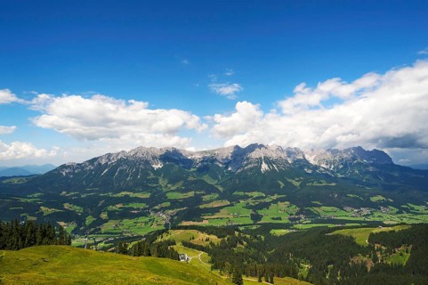 View from Brandstadl cable car towards town and Wilder Kaiser