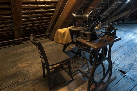 Old sackmaker sewing machine in the attic of a mill