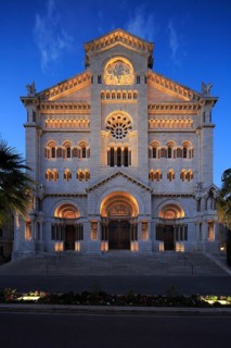 Neo-Romanesque Notre-Dame-Immaculee at dusk