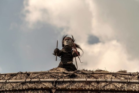 Figure on the roof of a thatched wooden house