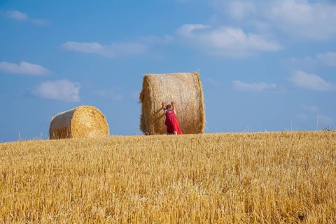 Little girl tries to move away a straw bale on a stubble field