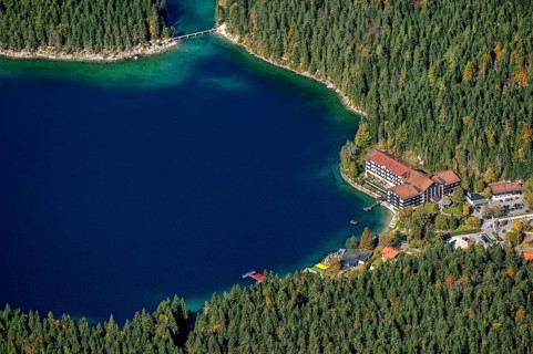 View of Eibsee Lake and Eibsee-Hotel from Zugspitze
