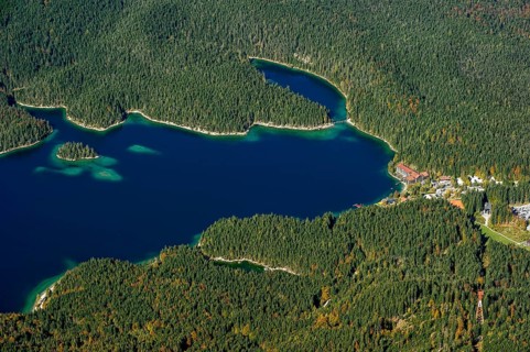 View of Eibsee Lake and Eibsee-Hotel from Zugspitze