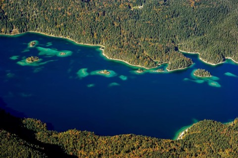 View of Eibsee Lake and Eibsee-Hotel from Zugspitze