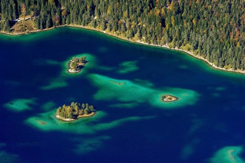 View of Eibsee Lake and Eibsee-Hotel from Zugspitze