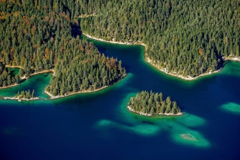View of Eibsee Lake and Eibsee-Hotel from Zugspitze