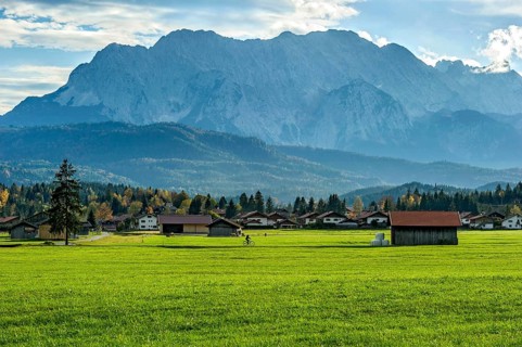 Meadow with hay huts