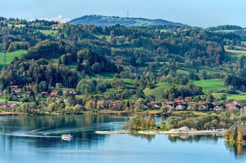 Overlooking the Lake Kochel with passenger ship Herzogstand