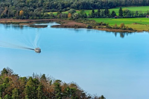 Overlooking Lake Kochel with passenger ship Herzogstand