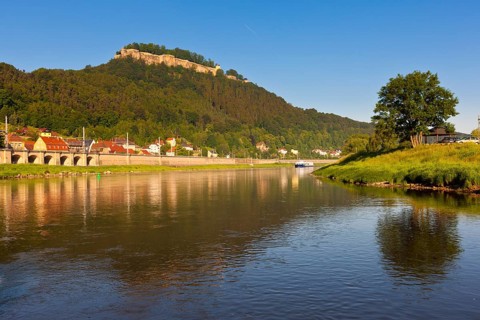 River Elbe and Konigstein Fortress at sunrise