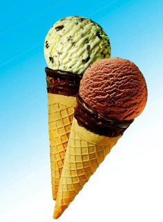 Two ice cream cones with scoops of ice cream