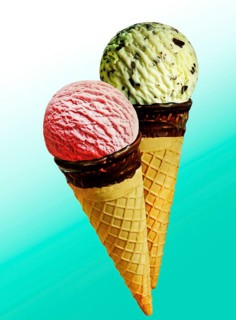 Two ice cream cones with scoops of ice cream