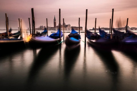 Panoramic view of church San Giorgio Maggiore with gondolas