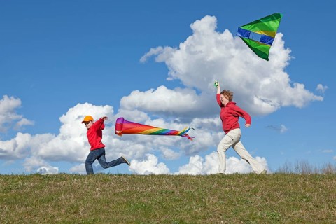 Mother and son flying a kite and a windsock