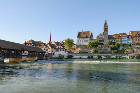 River Reuss with old wooden bridge