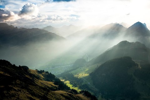 Landscape with sunbeams on the Diedamskopf with view towards Kanisfluh and Damuls