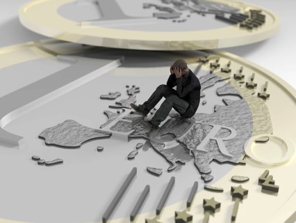 Man sitting on euro coin