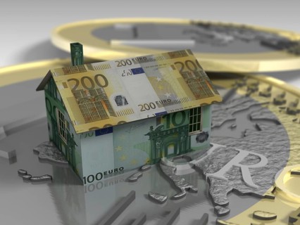 House made of euro banknotes on top of coin