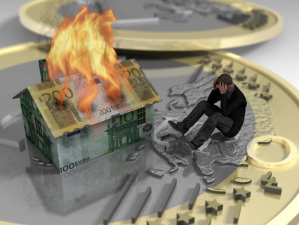 Man sitting on euro next to burning house