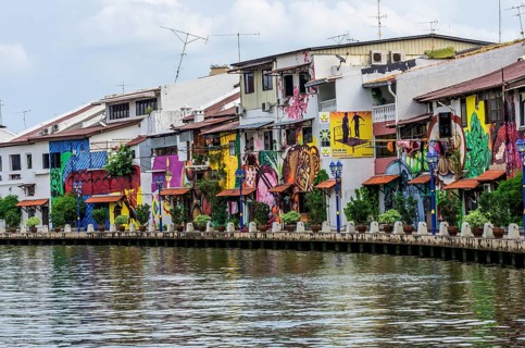 Brightly painted house fronts along the Malacca River