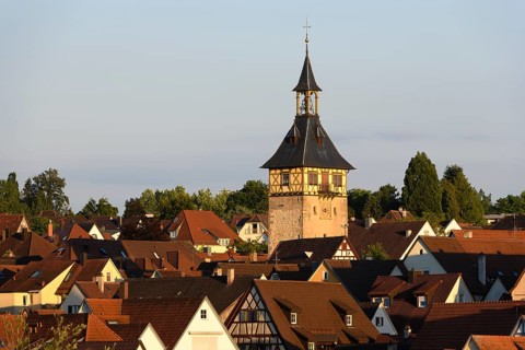 View over the roofs of the old town with church tower