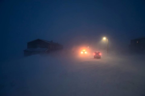 Street in the hurricane during the polar night