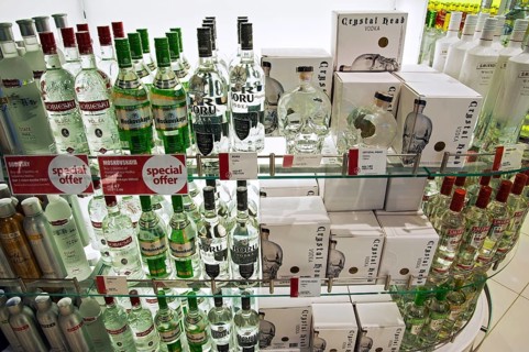 Shelf with vodka bottles