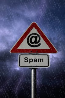 @ symbol and Spam road signs againt a rainy sky with lightning