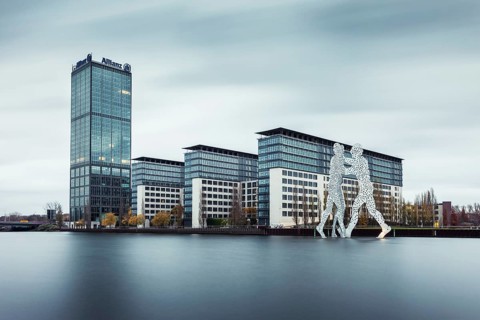 Treptowers with Allianz Tower by the River Spree