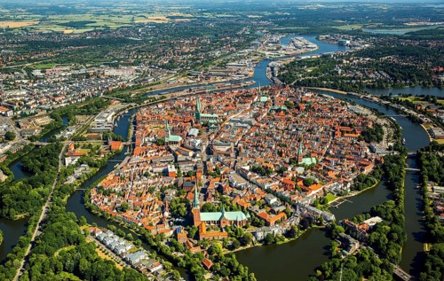 Historic centre of Lubeck with Trave and Obertrave