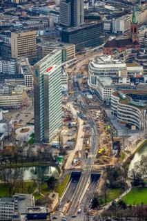 Construction site of the Berliner Allee with Dreischeibenhaus high-rise building
