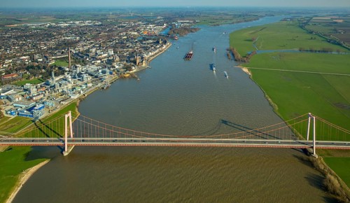 Aerial view of the Emmerich Rhine Bridge during flooding