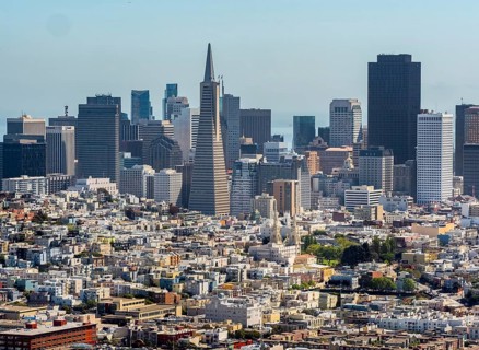 Aerial view of the Financial District with Transamerica Pyramid as seen from the north