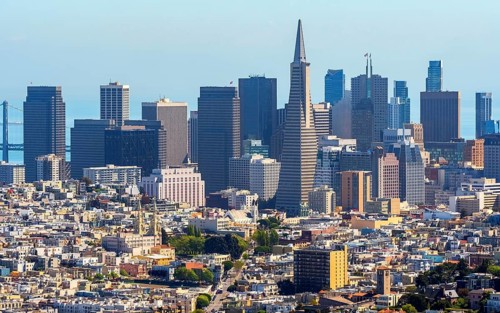 Aerial view of the Financial District with Transamerica Pyramid as seen from the north