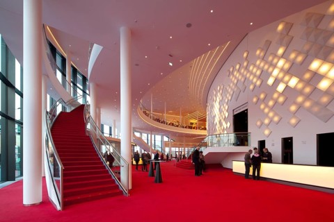Large foyer on two floors with decorative light installation