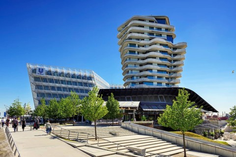 Unilever centre and Marco Polo Tower at Strandkai in the harbor city