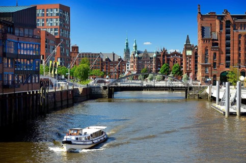 View over the port of Magdeburg in the harbor city towards the Speicherstadt