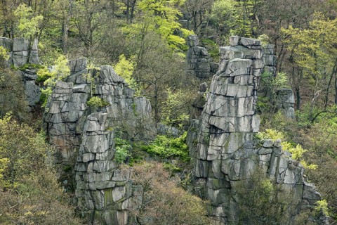 View from the Hexentanzplatz plateau onto pinnacles and forest in the Bode Gorge