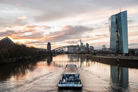 New European Central Bank and ferry on the river Main