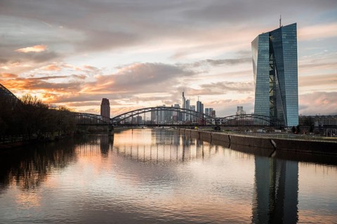 New European Central Bank and skyline at sunset