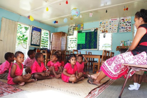 Primary school class in uniform during lesson